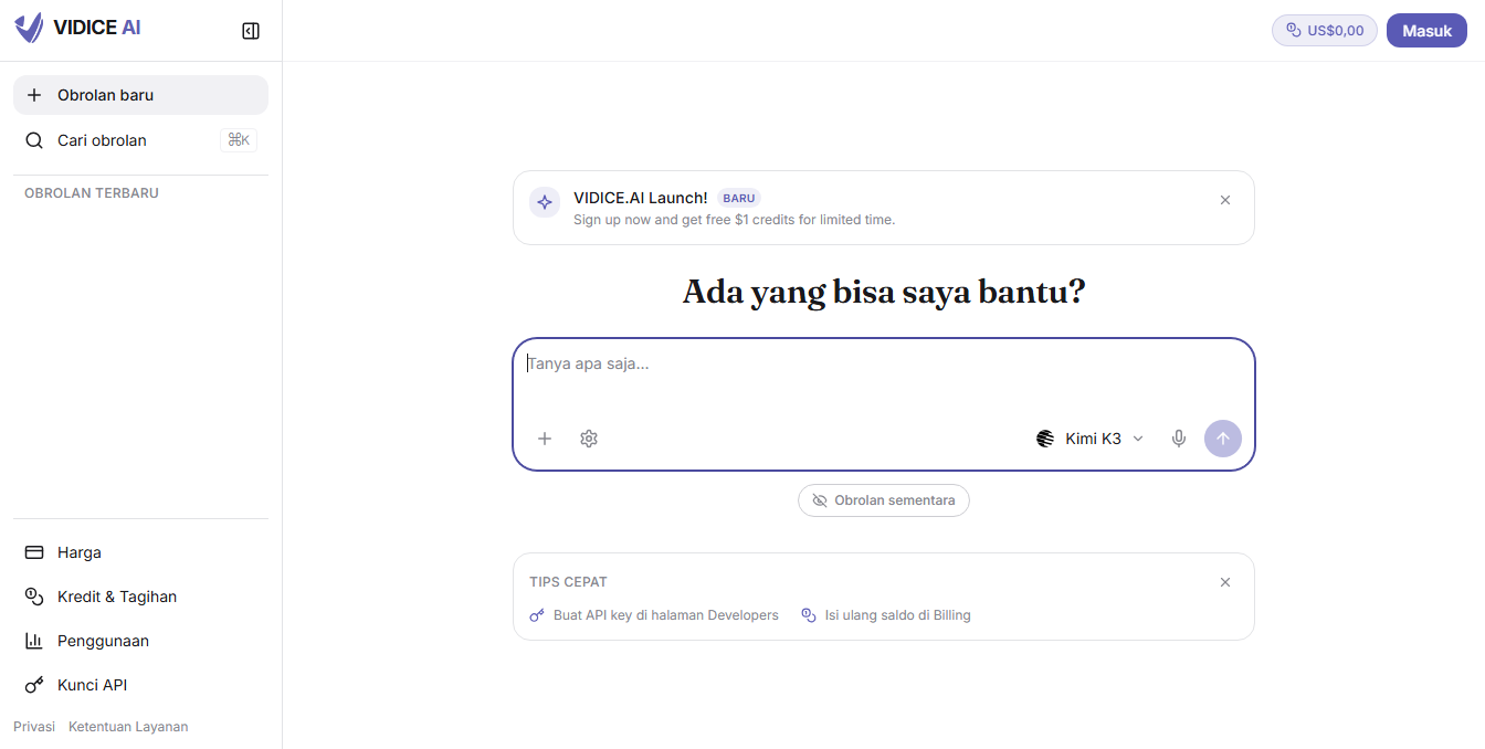 Tampilan chat VIDICE AI dengan pilihan model AI
